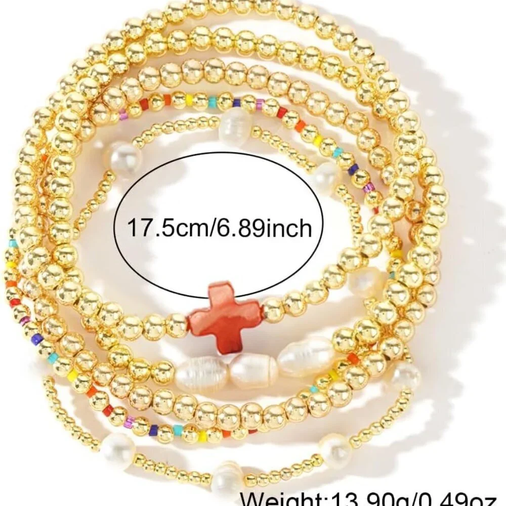 14K Gold Pearl Beaded Cross Bracelets Set for Women Boho Colorful Christian Jewe - Picture 6 of 6